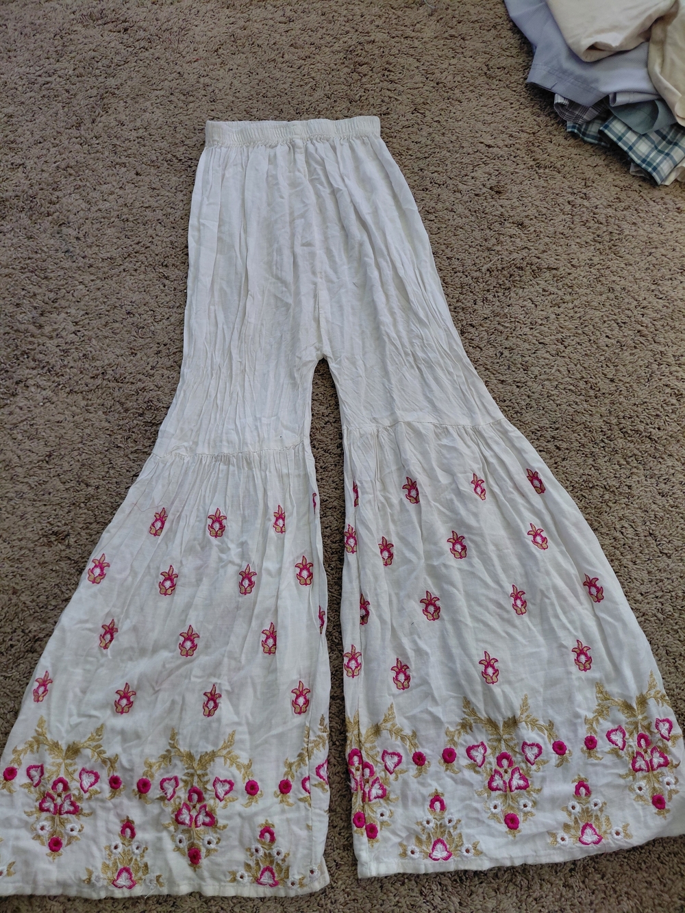 White Embroidered Wide-Leg Cotton Pants with Pink Accents